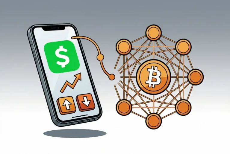 Smartphone displaying Cash App interface with green dollar sign logo and buy/sell arrows, connected to Bitcoin network visualization with orange BTC symbol and interconnected nodes