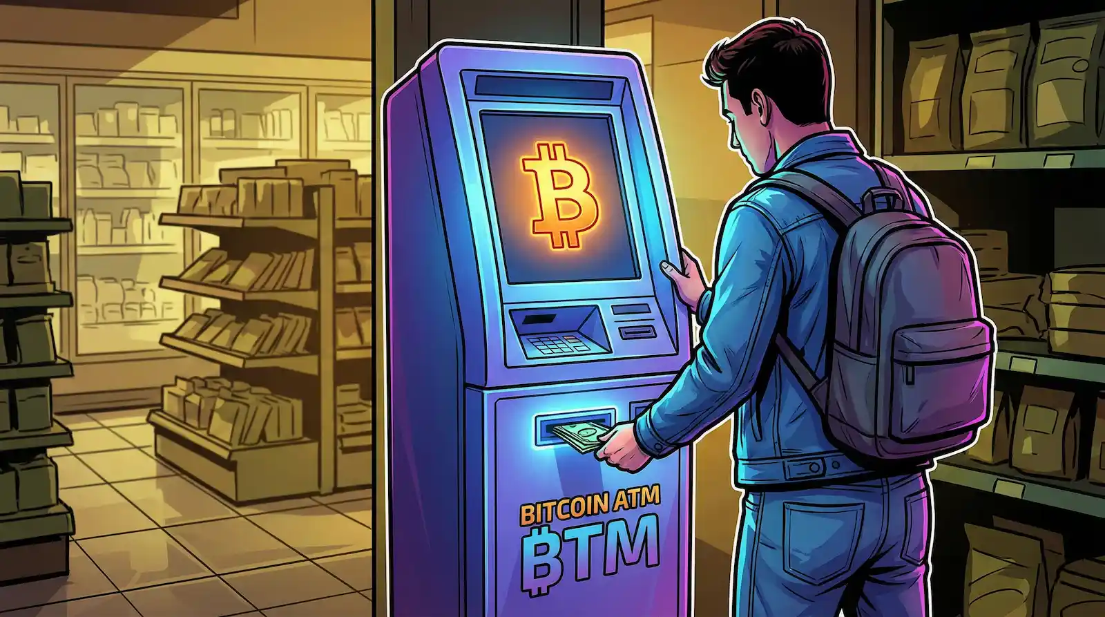 Illustration of a person inserting cash into a Bitcoin ATM kiosk inside a convenience store