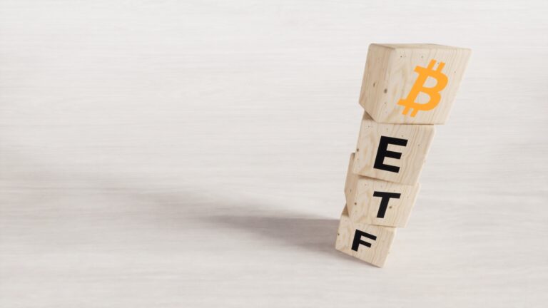 Exchange Traded Fund (ETF) and Bitcoin cryptodivisa concept. Introduce the concept of digital money background. Wooden vertical cube with bitcoin icon standing with "ETF" text. White background, 3D