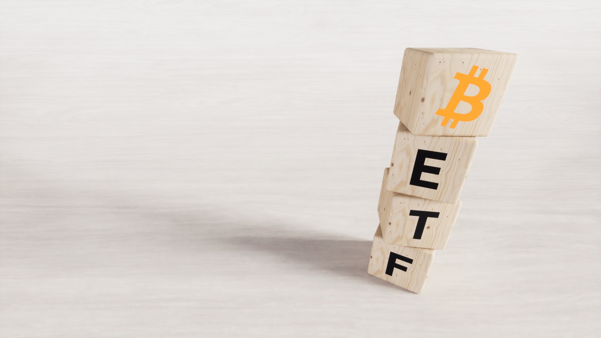 Exchange Traded Fund (ETF) and Bitcoin cryptodivisa concept. Introduce the concept of digital money background. Wooden vertical cube with bitcoin icon standing with "ETF" text. White background, 3D