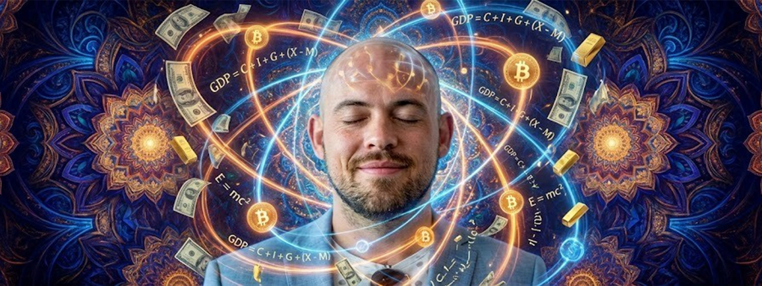 A psychedelic portrait shows Kurt meditating man surrounded by swirling cosmic orbits of Bitcoin, money, and equations set against a glowing, intricate mandala background.