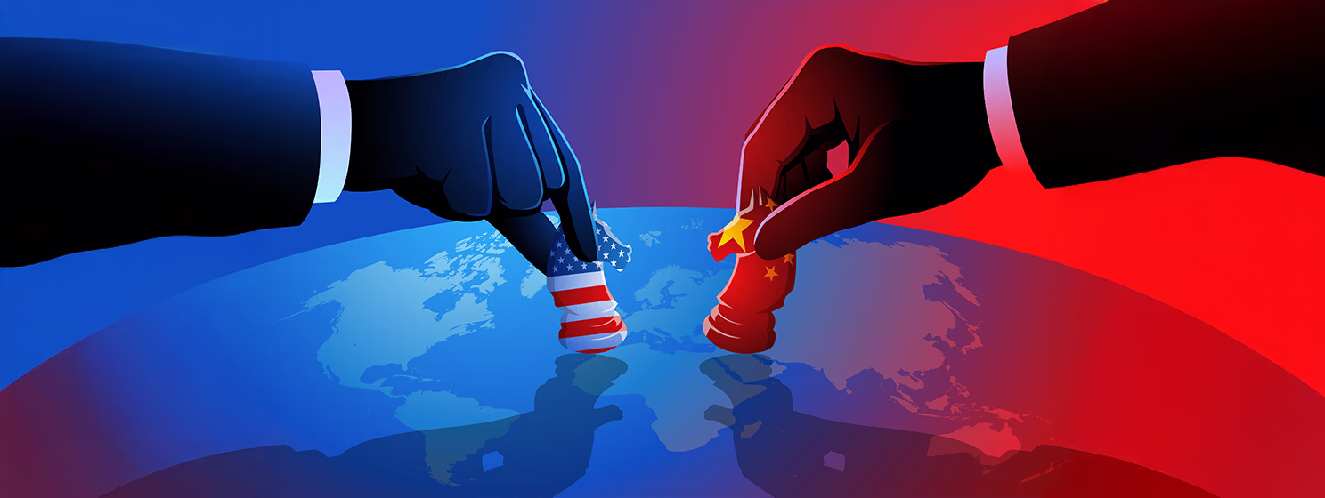 Vector illustration of a chess game between the United States and China played over a world map, symbolizing their strategic moves and competition for global influence.