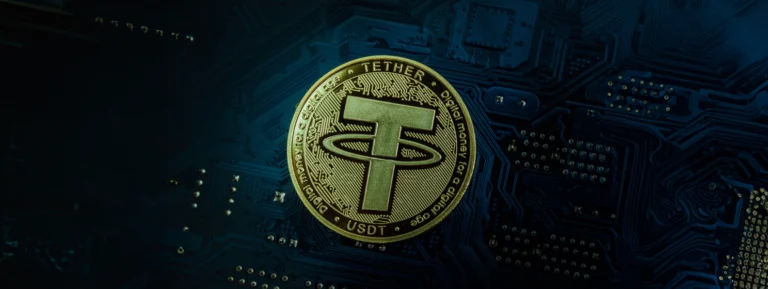 Tether, stablecoin coin on motherboard