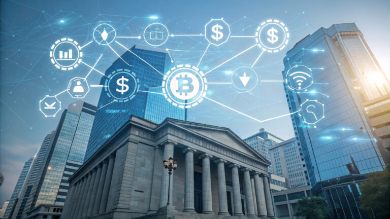 Classical bank building overlaid with cryptocurrency and blockchain network icons, including Bitcoin, dollar signs, and digital wallet symbols in urban skyline.