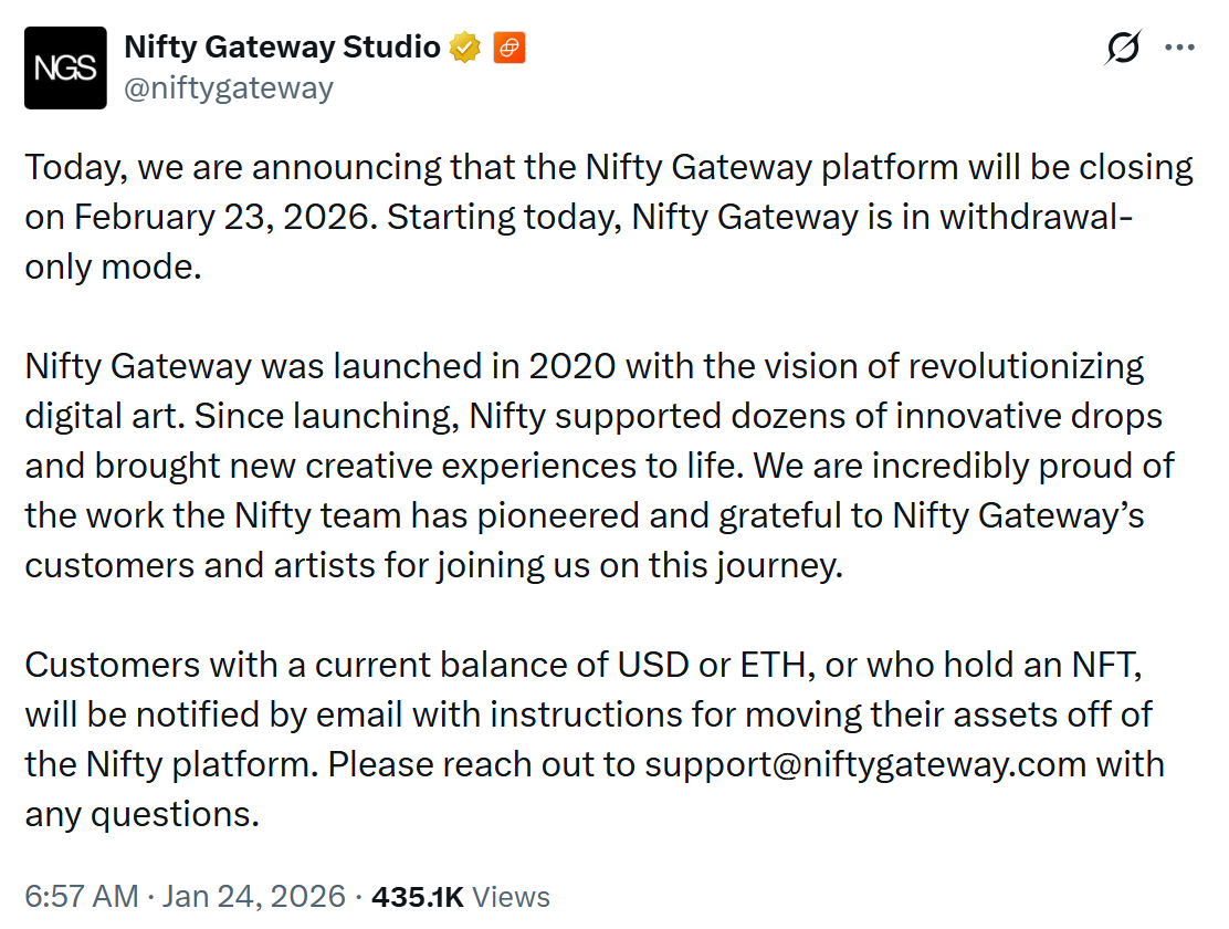 Nifty Gateway to Shut Down in February 2026 as NFT Market Slump Deepens – AabeyLLC Crypto