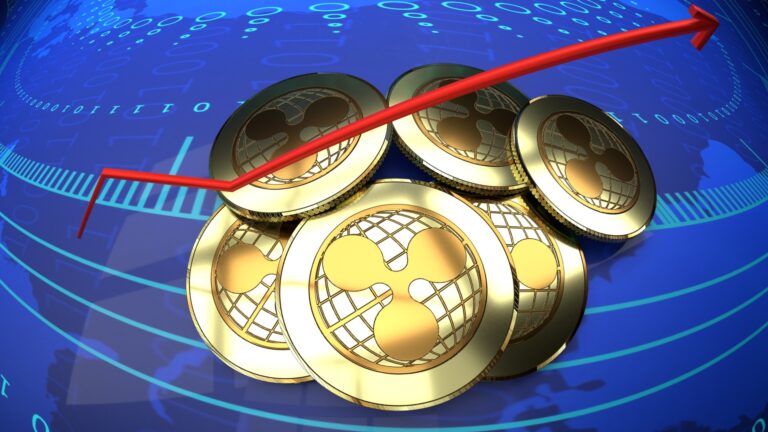 Ripple currency market value rising chart, close up, blue digital background