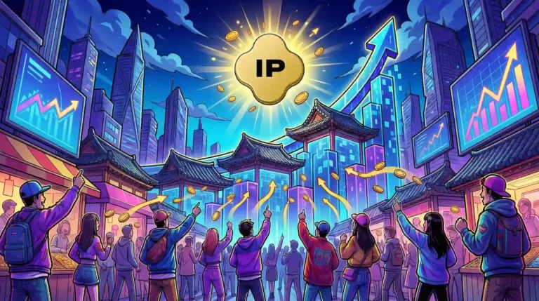 Story Protocol IP token logo rising above Korean cityscape with trading charts showing price increase