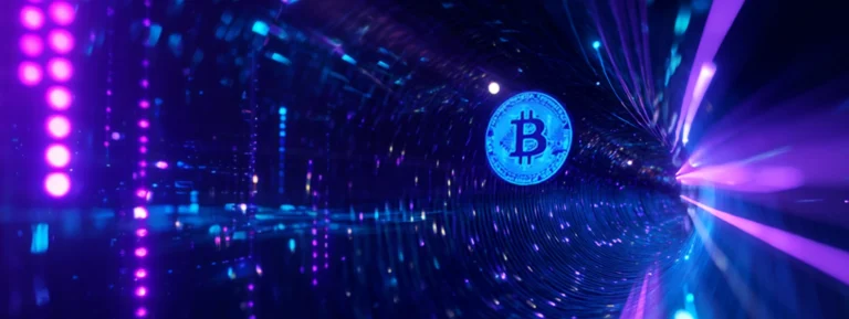 Bitcoin in a middle of a tunnel tube that has futuristic designs.