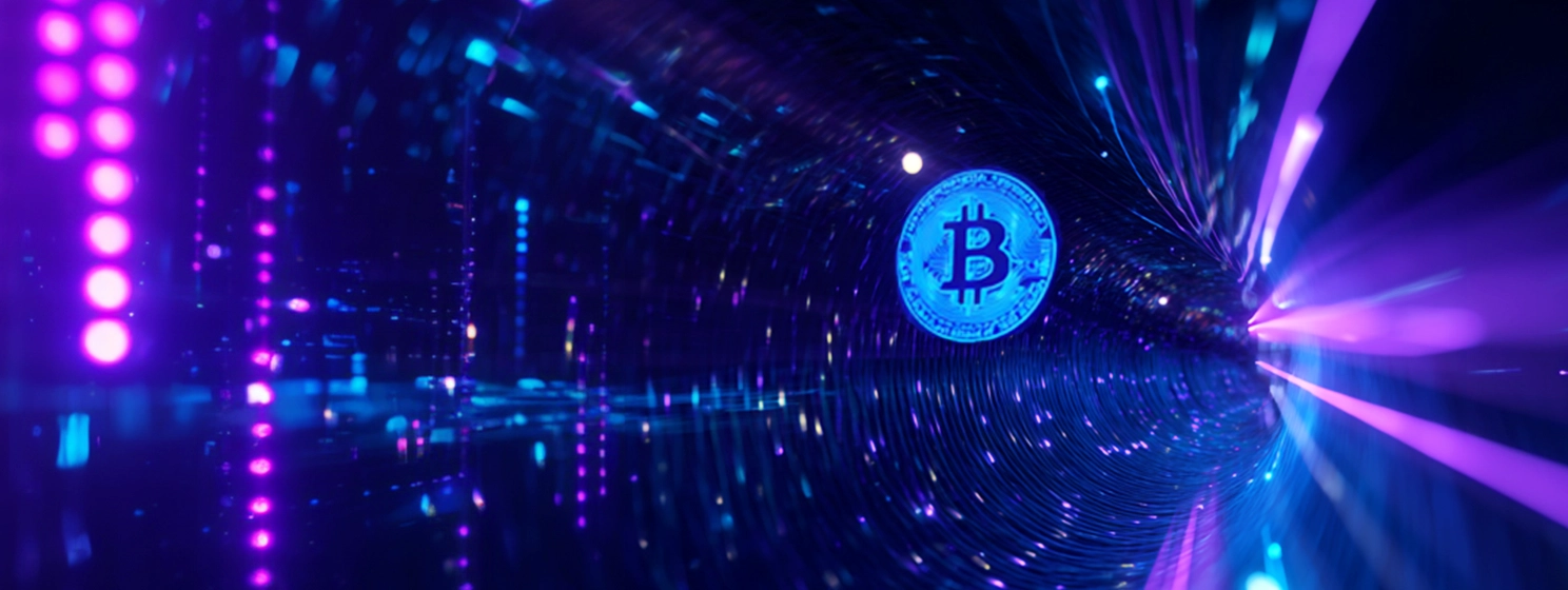 Bitcoin in a middle of a tunnel tube that has futuristic designs.