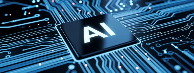 AI processor chip on illuminated circuit board