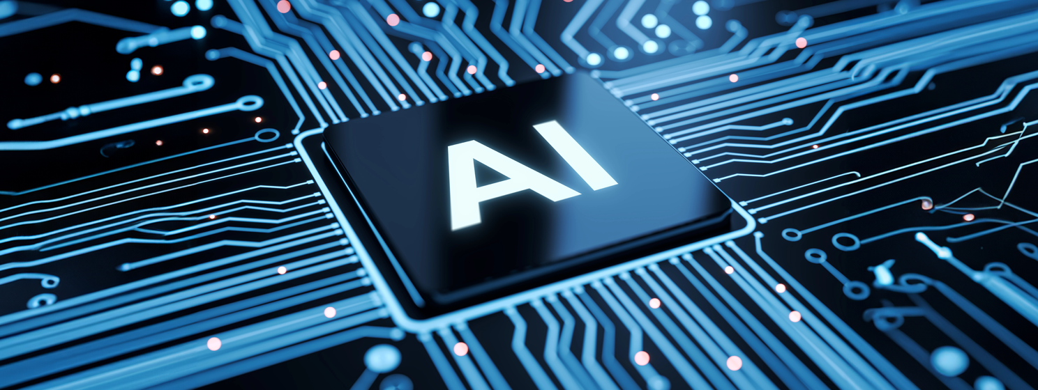 AI processor chip on illuminated circuit board