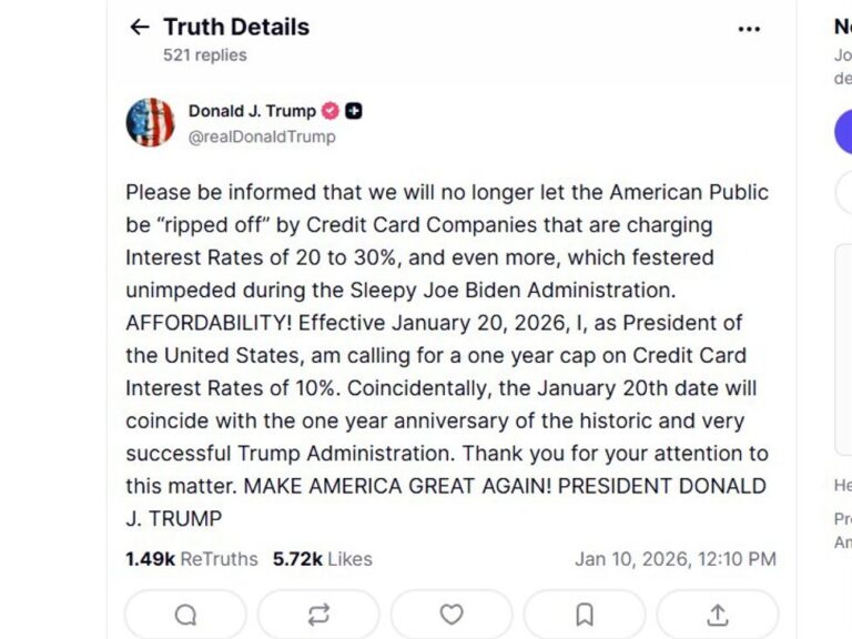 Trump floats one-year 10% credit-card rate cap, offers zero enforcement detail, just talk | investingLive