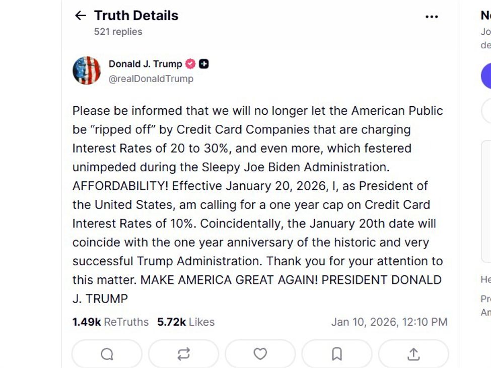 Trump floats one-year 10% credit-card rate cap, offers zero enforcement detail, just talk | investingLive