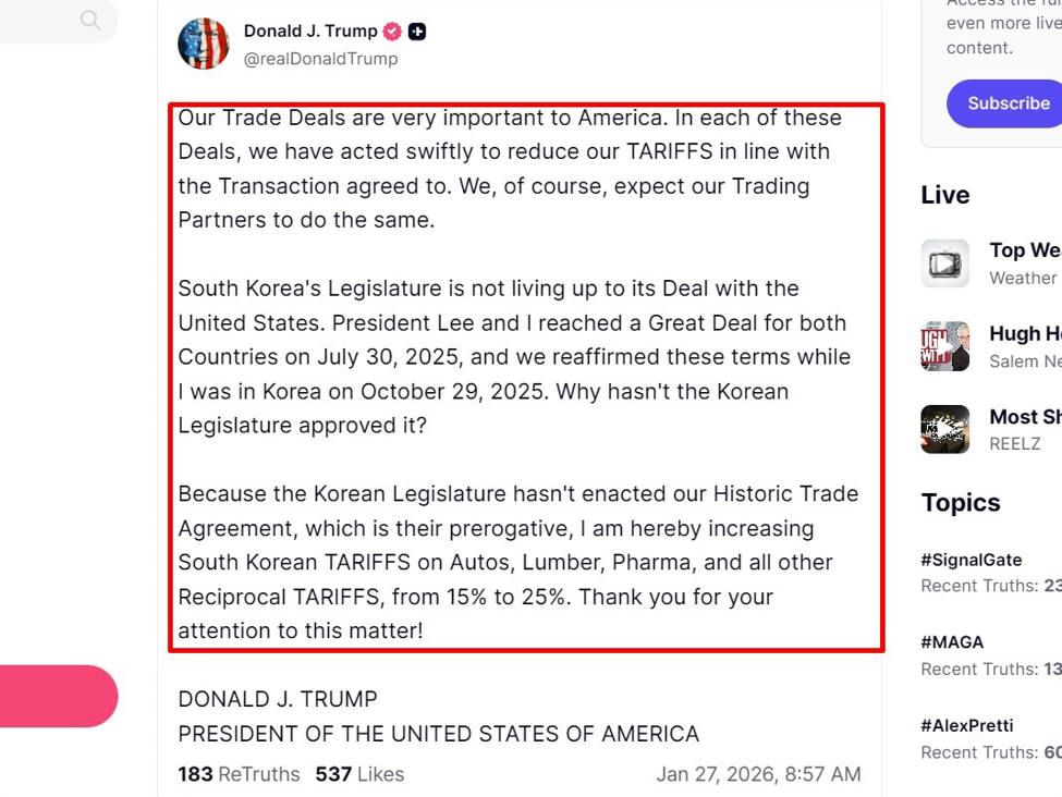Trump hikes South Korea tariffs to 25%, citing stalled trade deal | investingLive