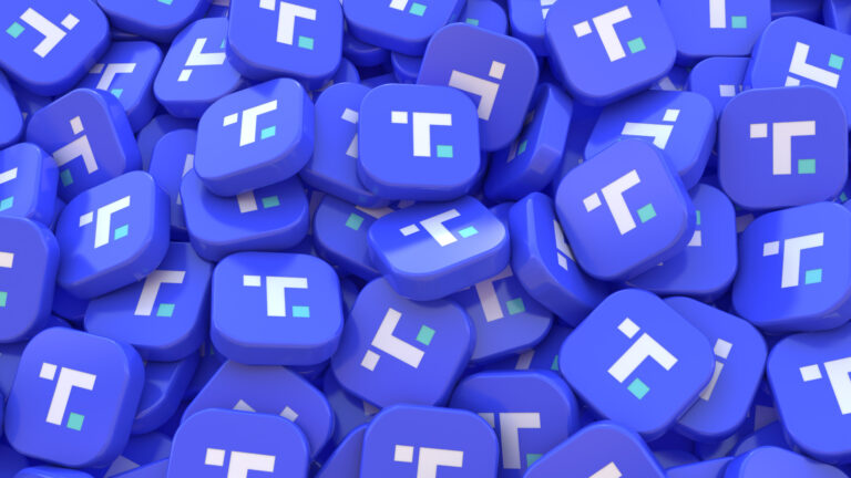 3D rendering of a bunch of square blue badges with the icon of the social network Truth.
