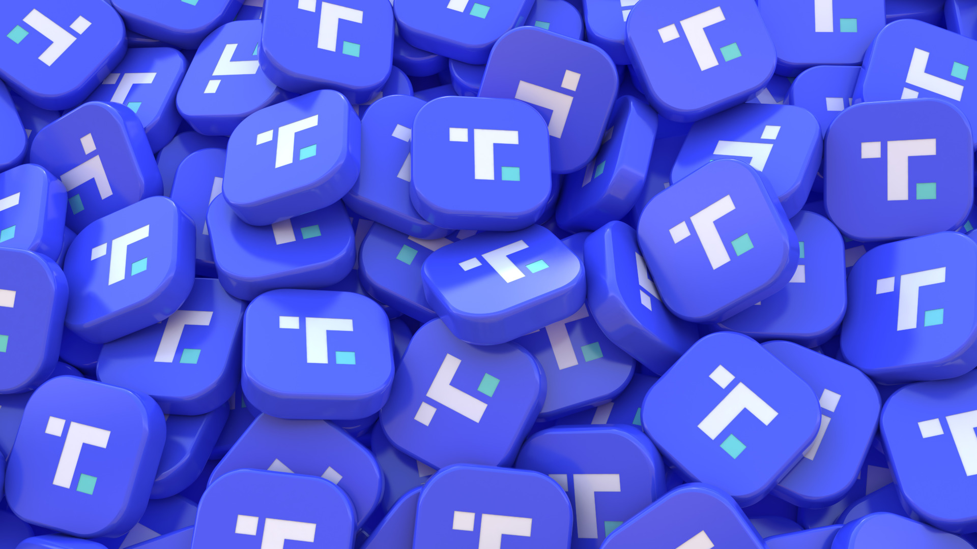3D rendering of a bunch of square blue badges with the icon of the social network Truth.
