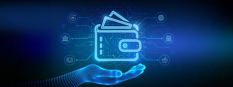 Digital wallet with wireframe hand banner