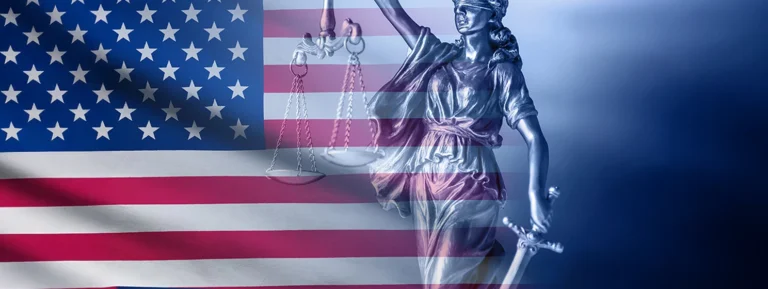 Composite image of Justice and the USA flag.