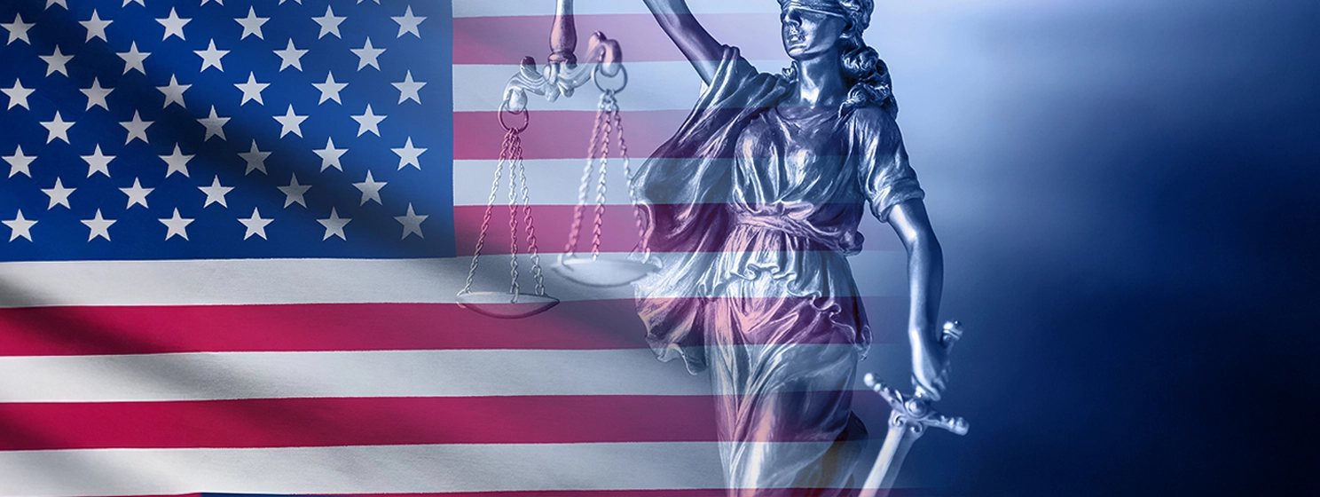 Composite image of Justice and the USA flag.