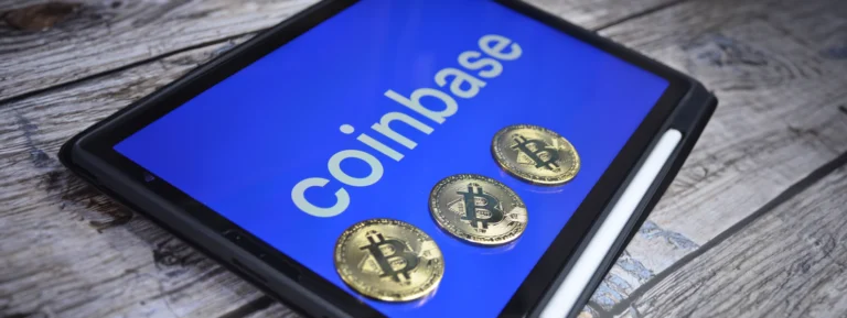 coinbase logo with btc coins banner concept