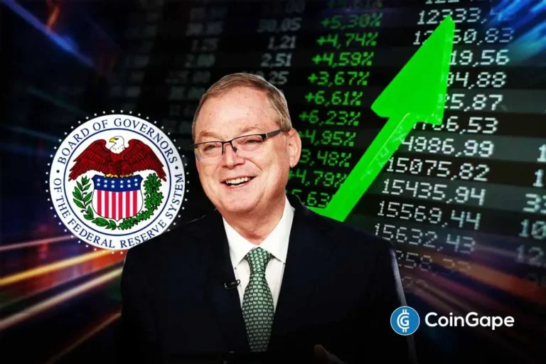 Kevin Hassett appears with Federal Reserve seal and rising market chart as Fed chair race shifts toward Wall Street.