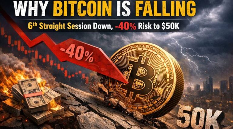 Illustration showing a Bitcoin coin alongside a downward price chart and arrow signaling decline.
