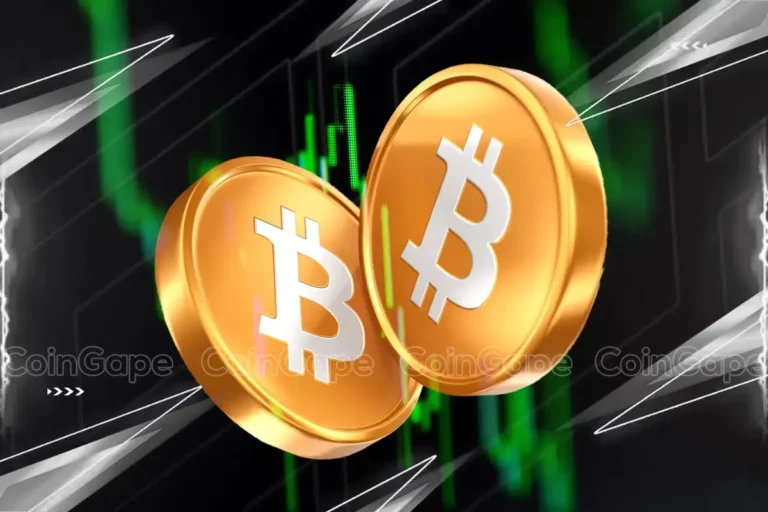 Bitcoin coins displayed with green price chart background, showing BTC market rebound above $70,000.