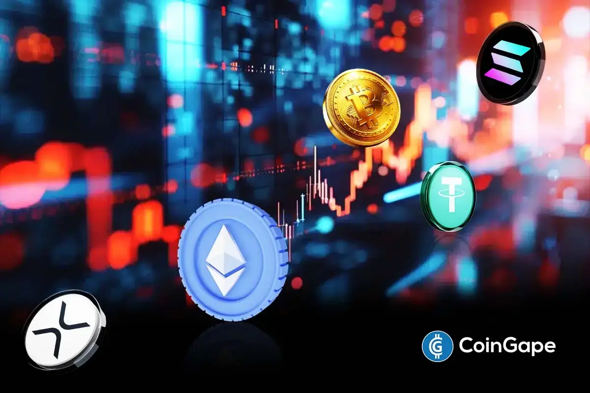 Crypto market prices fall as Bitcoin, Ethereum, Solana, XRP, and USDT tokens appear over bearish trading chart