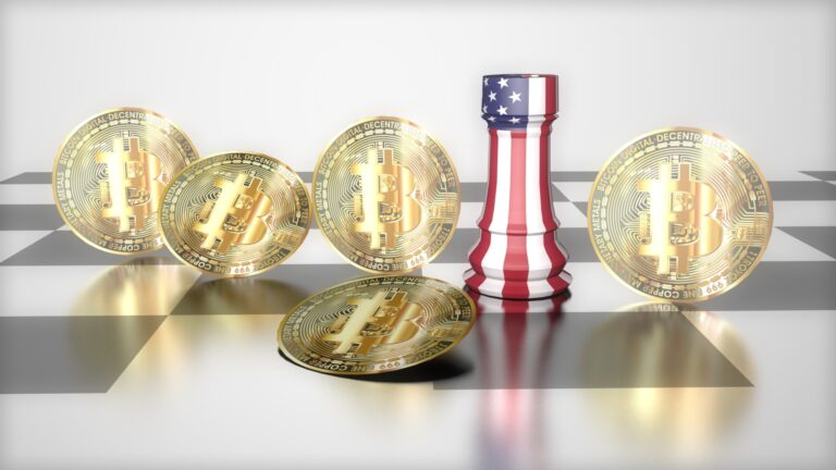 3D crypto money bitcoin and America castle in chess