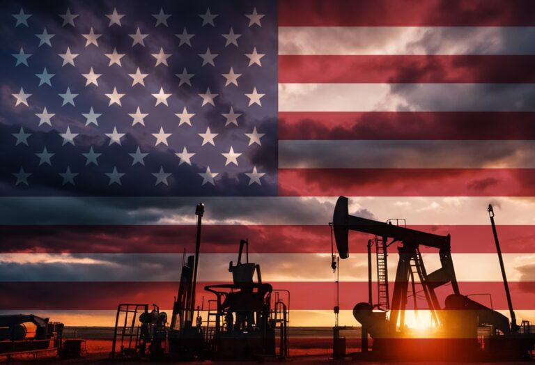 Drilling for oil in the countryside with American national flag overlay