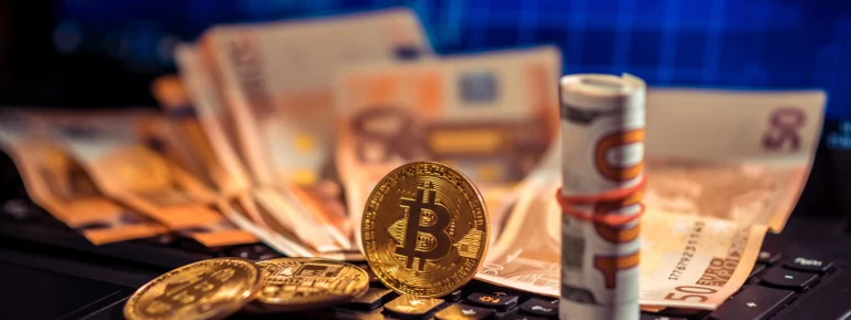 btc bitcoin coin with paper bills banner