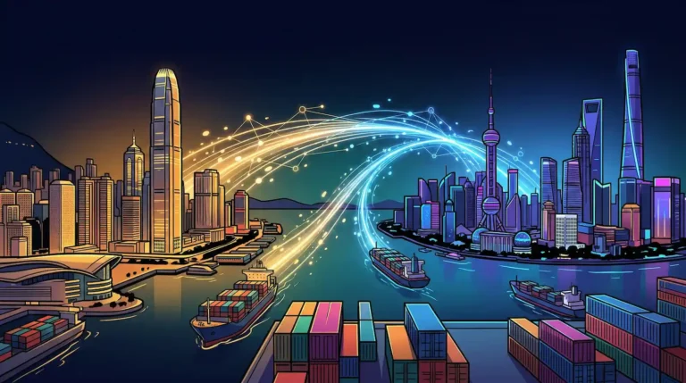 Stylized illustration of Hong Kong and Shanghai skylines connected by glowing digital data streams over cargo ships in a harbor, representing cross-border digital trade finance cooperation.