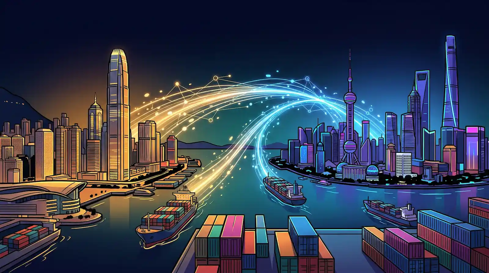 Stylized illustration of Hong Kong and Shanghai skylines connected by glowing digital data streams over cargo ships in a harbor, representing cross-border digital trade finance cooperation.