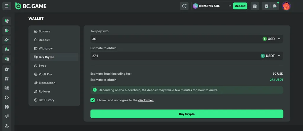 Buy crypto on BC.Game with MoonPay