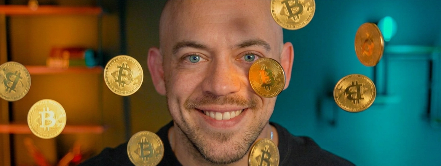 Kurt Wuckert Jr. smiling while multiple Bitcoins float around him.