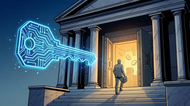 Editorial illustration of a glowing digital circuit-board key unlocking the doors of a neoclassical bank building with golden light spilling from inside while a suited figure walks up the marble steps.