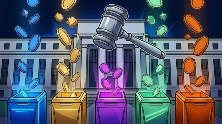 A symbolic editorial illustration of five glowing color-coded containers sorting abstract cryptocurrency tokens in front of a government building, with a large gavel above.