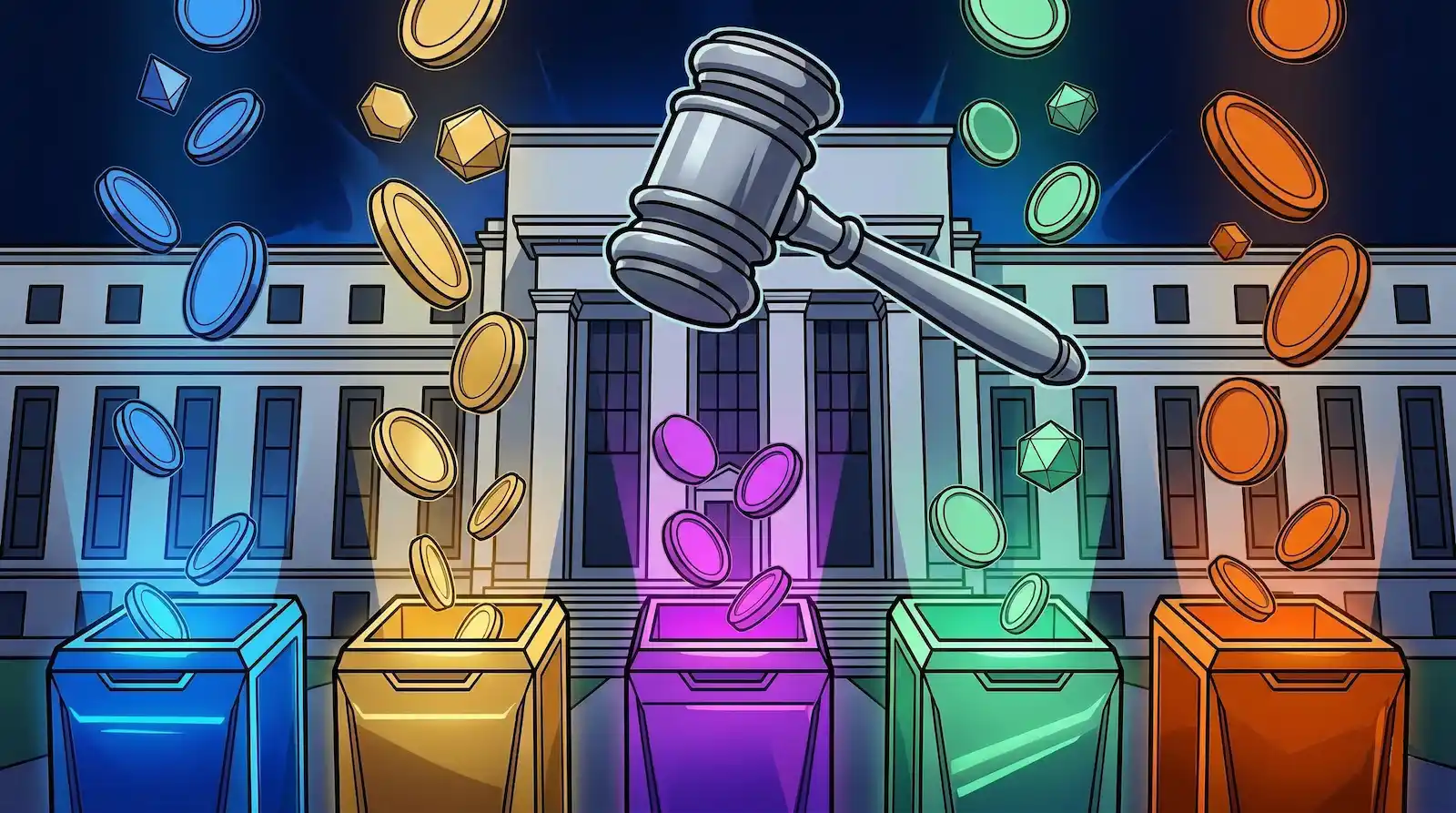 A symbolic editorial illustration of five glowing color-coded containers sorting abstract cryptocurrency tokens in front of a government building, with a large gavel above.