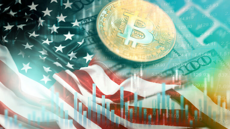 Bitcoin coin floats over an American flag and stock market data shows financial trends
