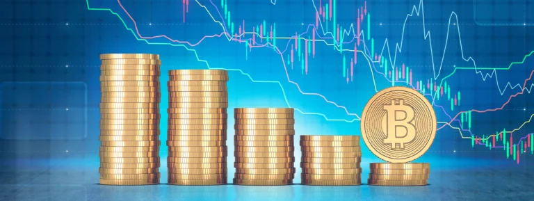 Stacks of bitcoins and graphs banner