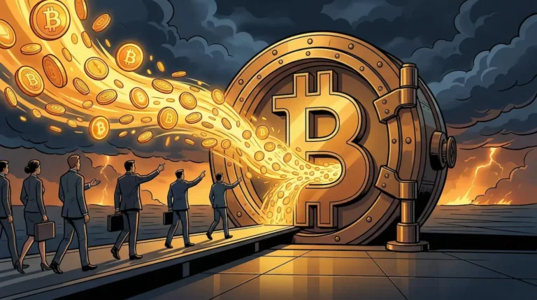 Editorial illustration of golden coins flowing into a large vault shaped like a coin while suited figures approach on a walkway against a stormy sky, representing Bitcoin ETF inflows during geopolitical tension.