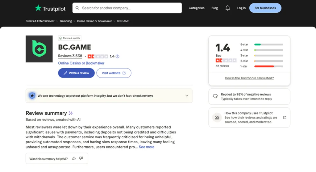 TrustPilot page for BC.Game on 31 March 2026