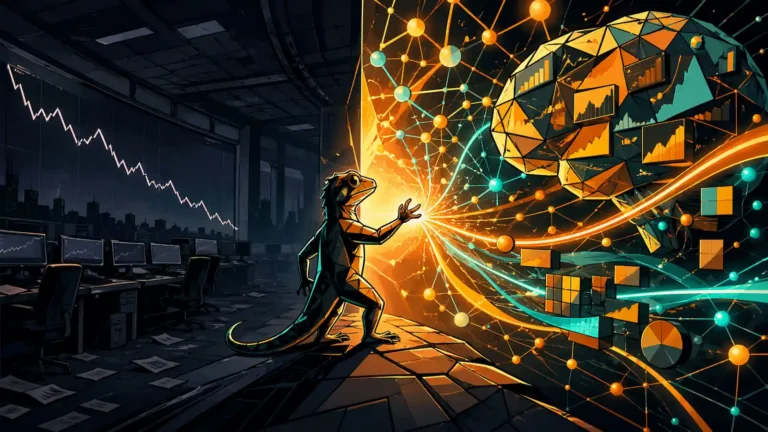 A split-plane editorial illustration showing a dim downward-sloping market chart on the left and a warmly lit network of glowing data nodes on the right, bridged by a stylized lizard silhouette.