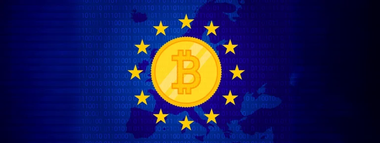 MiCA - Markets in Crypto assets regulation flag of European Union and map of Europe background.
