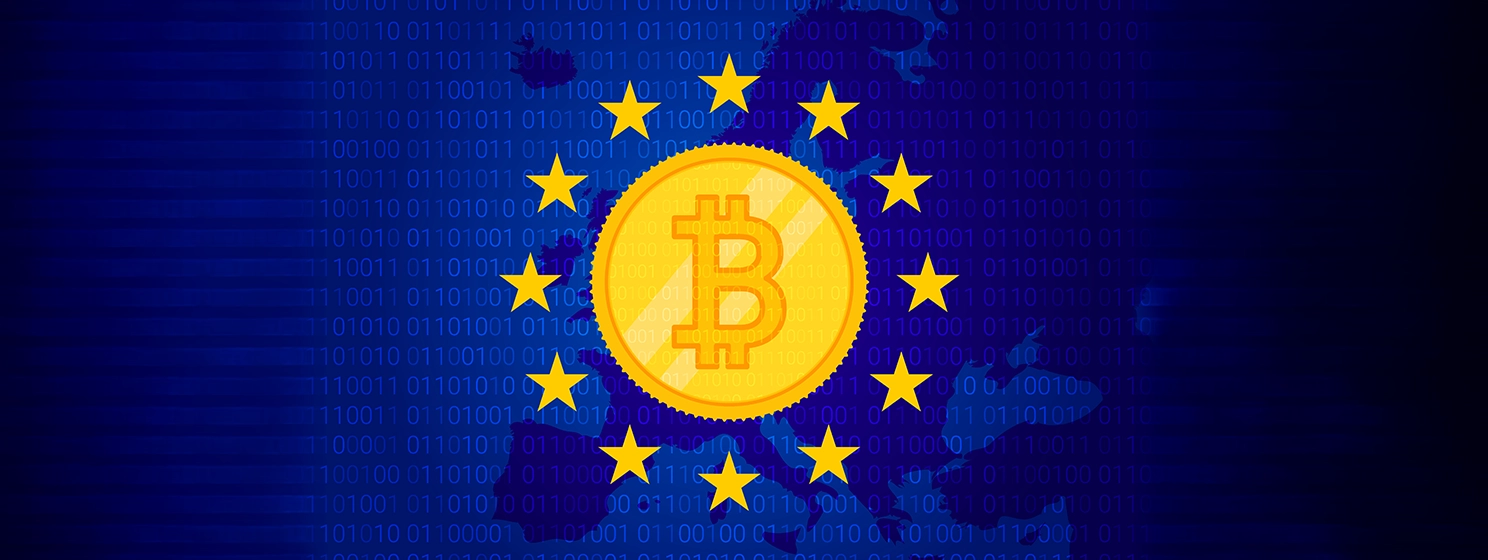 MiCA - Markets in Crypto assets regulation flag of European Union and map of Europe background.