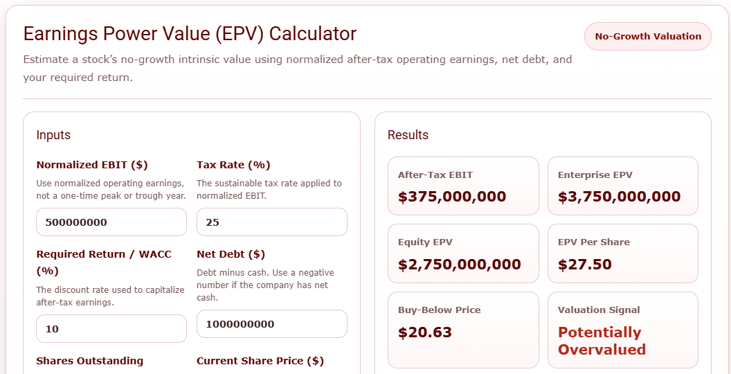 Earnings Power Value Calculator Using EBIT, Net Debt, & WACC