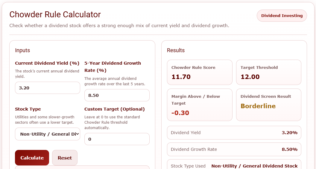 Interactive Chowder Rule Calculator for Dividend Investors
