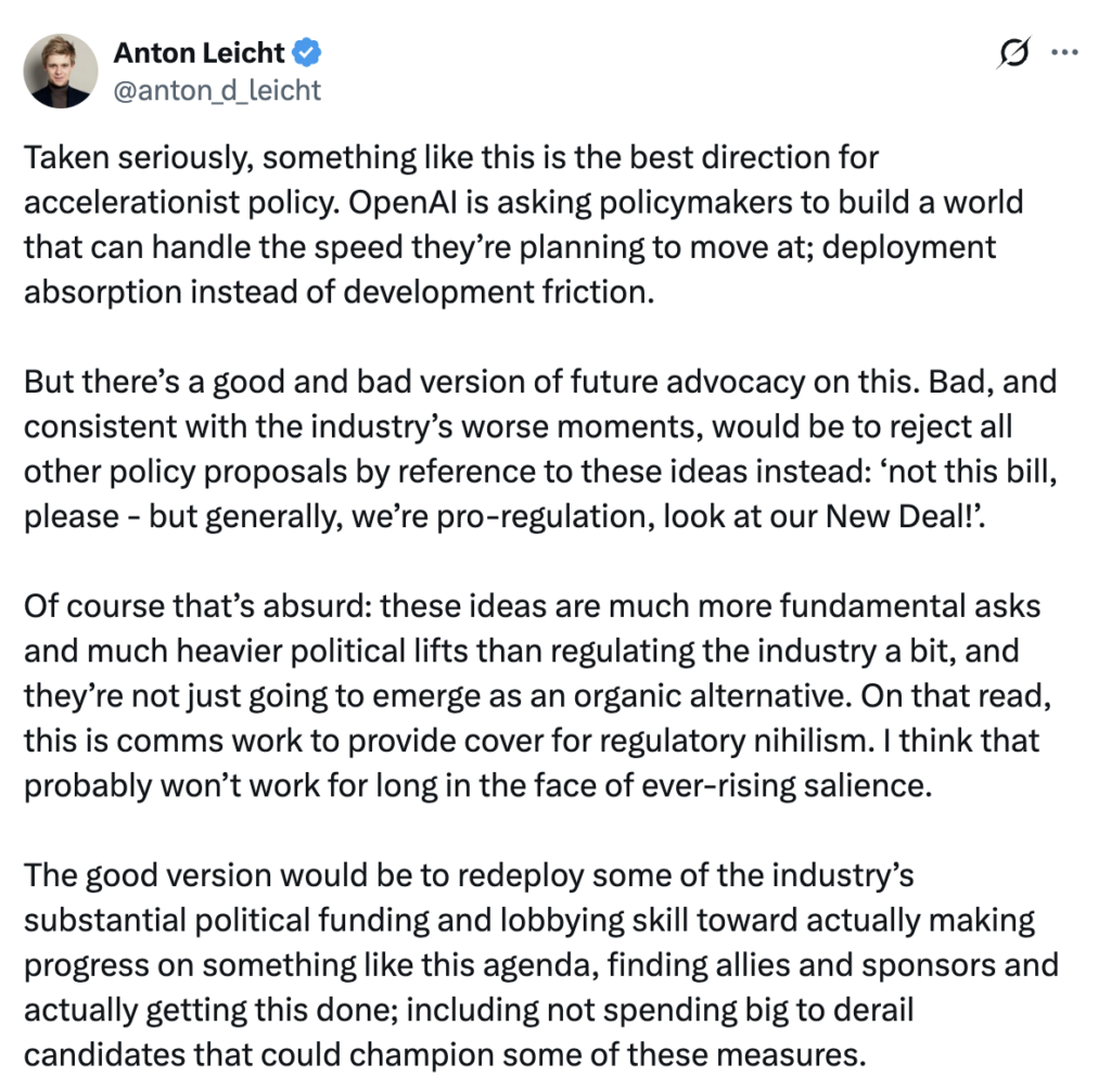OpenAI is asking policymakers to build a world that can handle the speed they’re planning to move at; deployment absorption instead of development friction. 