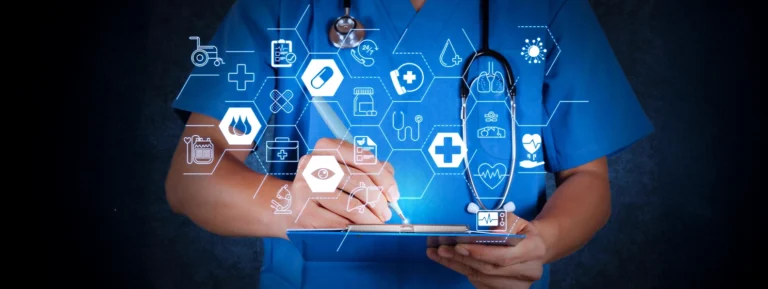 Health care and medical services concept with flat line AR interface.medical doctor with stethoscope writing on texture background