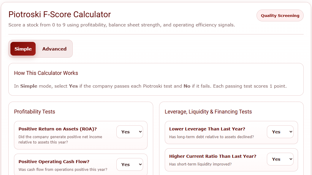 Piotroski F-Score Online Calculator: Simple & Advanced Mode